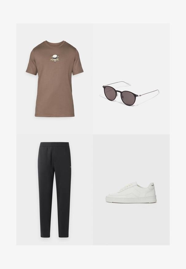 Brun bomull t-shirt med rund hals, korta ärmar och en triangelformad logo som har en golfboll och texten "NIKE" i guldbroderi.; Svarta joggingbyxor i mjukt tyg, med elastisk midja, raka ben och en liten logotypdetalj på sidan.; Vita lädersneakers med en jämn yta, rund tå, platta snörningar och en strukturerad sula. Har en diskret logotyp på hälen.; Svarta runda solglasögon med mörka linser och smala metallarmar. Inkluderar klara tempeltips och silverdetaljer vid gångjärnet. Minimalistisk design.