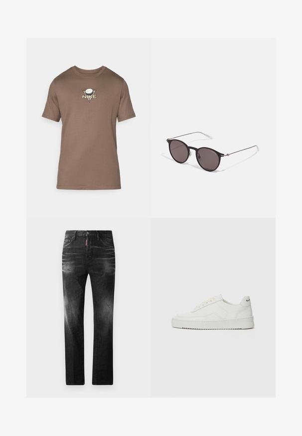 Rudas medvilninis marškinėliai su apvalia iškirpte, trumpomis rankovėmis ir trikampio formos logotipu, kuriame pavaizduota golfo kamuoliukas ir auksiniu siuvinėjimu užrašas "NIKE".; Juodi džinsai su tiesiu kirpimu. Spalvoti svyrantys plotai, šiek tiek sugadinti, klasikinis penkių kišenių dizainas ir mygtuko uždarymas.; Balti odiniai sportiniai bateliai su lygia apdaila, apvaliu pirštu, plokščiais raišteliais ir tekstūruotu padu. Pasižymi subtiliu logotipu ant kulno.; Juodos apvalios saulės akinių su tamsiais lęšiais ir plonomis metalinėmis šakomis. Įtraukti skaidrūs šventyklų galai ir sidabriniai akcentai vyrio srityje. Minimalistinis dizainas.