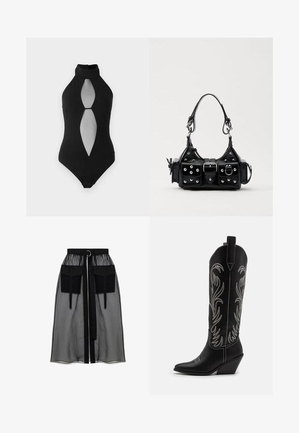 Zwarte halternek bodysuit met een uitsnijding en een transparante voorpaneel. Gemaakt van een gladde stof met een getailleerde pasvorm en drukknoopsluiting.; Zwarte doorschijnende rok met een verzameld tailleband, voorzien van twee grote voorzakken, een tailleband met strik en een ronde metalen accent.; Zwarte leren cowboylaarzen met spitse neuzen, wiggenhakken en zilver geborduurde bloemmotieven langs de schacht. Contrasterende stiksels overal.; Zwarte lederen handtas met een gebogen ontwerp, voorzien van zilveren studs, een gesp en twee zijvakken. Verstelbare schouderband voor verschillende draagmogelijkheden.