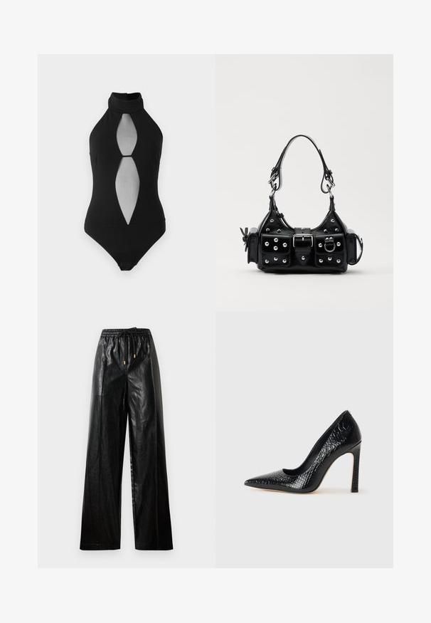 Body negru cu gât halter, având un design cu decupaj și un panou frontal transparent. Realizat dintr-un material neted, cu o formă ajustată și închidere cu capse.; Pantaloni largi din piele neagră, cu talie elastică, șnur și accente de hardware aurie. Textură netedă și croială lejeră.; Pantofii cu toc înalt, ascuțiți, de culoare neagră, cu textură de piele de crocodil, având un design elegant, toc în stil stiletto și interior neted de culoare neagră.; Geantă de piele neagră cu un design curbat, dotată cu studuri argintii, o cataramă și două buzunare laterale. Curea ajustabilă pentru opțiuni de transport.