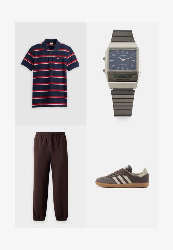 Marinblå pikétröja med röda och vita horisontella ränder, treknappsknäppning och liten Levi's-logotyp på bröstet. Mjuk bomullsmaterial.; Bruna joggingbyxor med dragsko i midjan, elastiska muddar och slätt bomullsmaterial. Har en avslappnad passform och en minimalistisk design.; Brun lädersneaker med tre ljusa ränder, gummisula, rund tå och texturerade mockadetaljer på häl och tå.; Casio digital klocka med blå urtavla, silverfärgad klockkropp och ett lager av svart gummiarmband. Visar tid och väckningsinställningar. Vattentålig.
