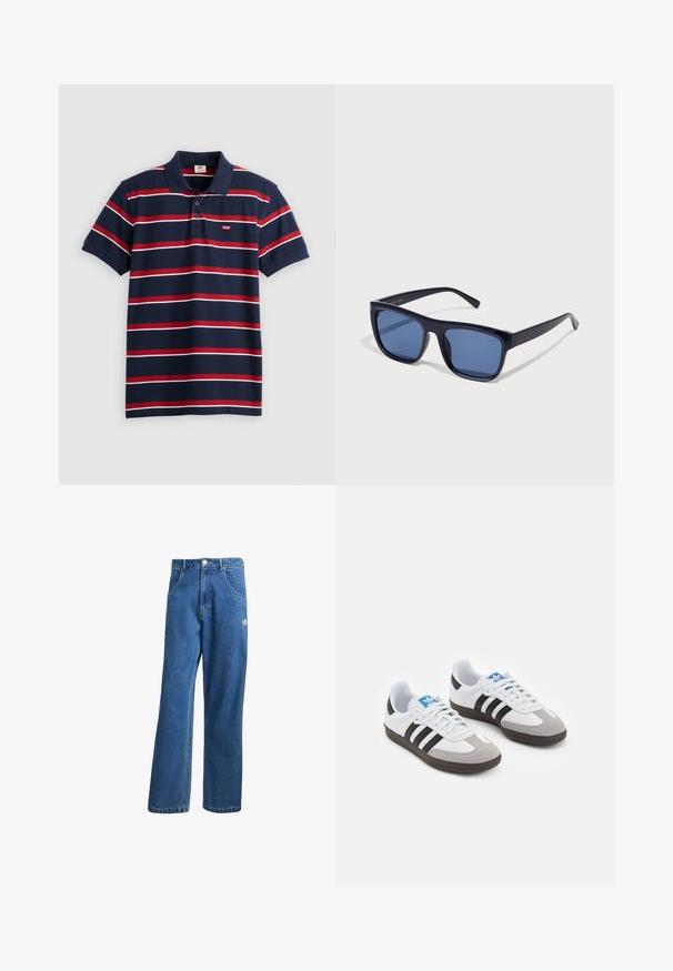 Tengerészkék pólóing piros és fehér vízszintes csíkokkal, három gombos gombolás, és kis Levi's logóval a mellkasán. Puha pamut anyag.; Kék, magas derekú, bő szárú farmernadrág elülső zsebekkel, övhurkokkal, gombos záródással és kicsi Adidas logóval a jobb combon.; Fehér bőr felsőrészes sportcipő, szürke velúrból készült orral és három fekete csíkkal. Jellemzője a kék logó a nyelvén és egy texturált gumitalp.; Fekete műanyag napszemüveg téglalap alakú kerettel, kék árnyalatú lencsékkel és vékony oldalsó pántokkal, fényes felülettel.