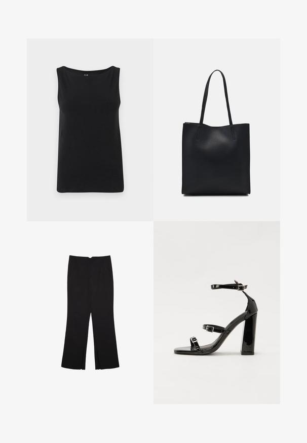 Top nero senza maniche realizzato in tessuto morbido. Presenta un ampio scollo e un orlo dritto. Design semplice senza ulteriori motivi o decorazioni.; Pantaloni neri a gamba dritta, con tasche frontali e spacchi laterali all'orlo. Realizzati in tessuto morbido e liscio. Adatti a diverse occasioni.; Sandali con tacco in vernice nera, con punta squadrata, cinturini alla caviglia e fibbie in argento. Presentano un tacco a blocco spesso per maggiore stabilità.; Borsa tote in pelle nera con texture liscia, forma rettangolare e due manici lunghi. Nessun hardware o decorazione visibile.