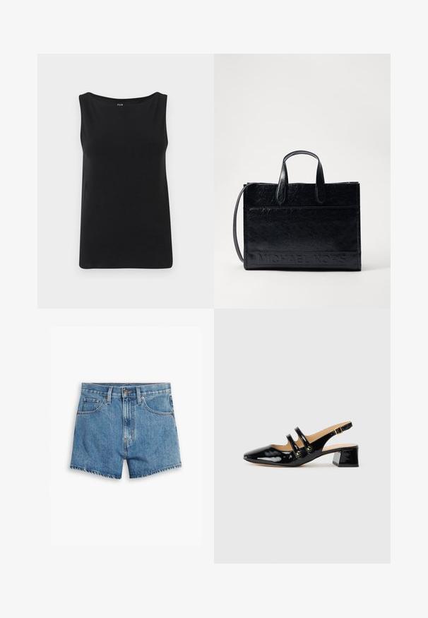 Fekete ujjatlan felső, puha anyagból készült. Széles nyakkivágással és egyenes hemvéggel rendelkezik. Egyszerű dizájn, díszítések vagy minták nélkül.; Világoskék farmer rövidnadrág, öt zsebbel, cipzáros megoldással és gombos záródással. A szegélyt megkoptatták, és laza szabású dizájn jellemzi.; Fekete lakkbőr slingback cipő hegyes orral, két pántos részlettel, arany kerek kiegészítőkkel és alacsony blokk sarkú kivitelben.; Fekete bőr tote táska két felső fogantyúval, levehető vállpánttal és a "MICHAEL KORS" logója dombornyomott formában az elején. Simább textúra.