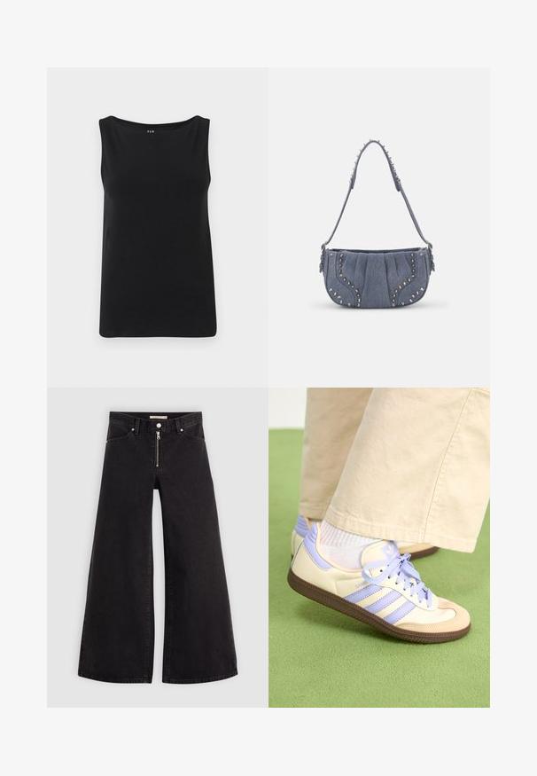 Top nero senza maniche realizzato in tessuto morbido. Presenta un ampio scollo e un orlo dritto. Design semplice senza ulteriori motivi o decorazioni.; Jeans a gamba larga in denim nero con chiusura a zip, design a cinque tasche e dettagli di cucitura sottili. Texture morbida e stile casual.; Sneakers crema e lavanda con tre strisce e suola marrone texturizzata, dotati di lacci e tallone imbottito. Parte superiore in tessuto morbido.; Borsa a spalla in denim con design plissettato, colore blu, dettagli in metallo argentato lungo i bordi e una tracolla strutturata.