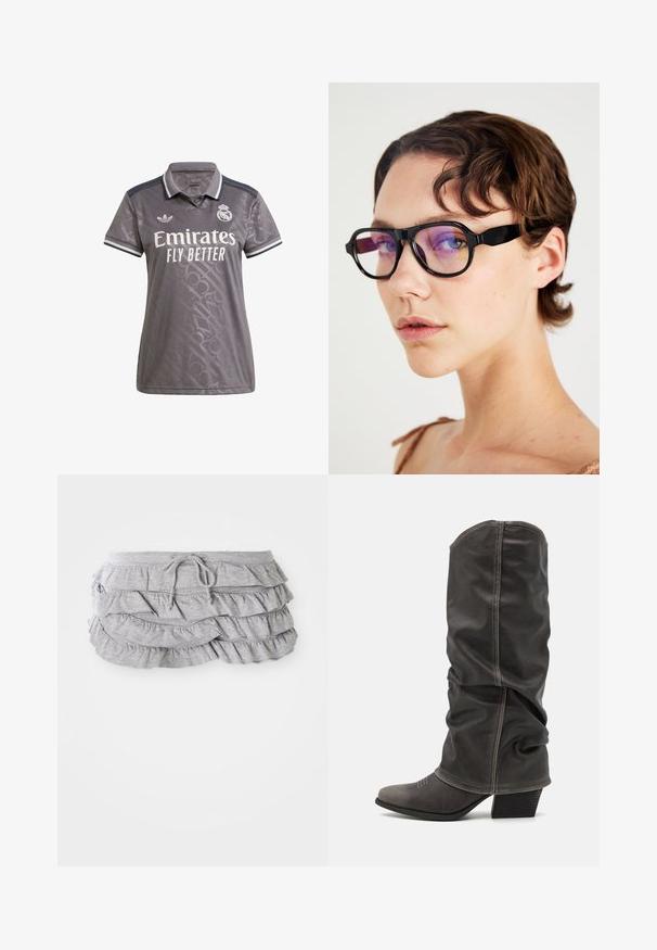 Šedé polo tričko s jemným texturovaným vzorem, bílým logem "Emirates" a emblémem Adidas; má klasický límec a pruhované detaily.; Šedá sukňa s volánkovým designem a vrstvenou tkaninou, s páskem na stažení, měkkou texturou, zakončenými okraji a kaskádovými volánky.; Šedé kožené vysoké boty po lýtka s volným designem, špičatou špičkou a vyvýšeným podpatkem. Výrazné prošívání v oblasti špičky.; Černé obdélníkové brýle s purpurovým odstínem skel, s robustním rámem a plochými stranami, které zdůrazňují moderní design.; Šedá kordurová taška se dvěma krátkými ušima, přední kapsou a výrazným černým písmenem "K". Má zapínání na knoflík a texturovaný materiál.; Sada čtyř spon na vlasy s černým podkladem, zdobených bílými perlami a kamínky v různých tvarech: dvě protáhlé a dvě obdélníkové.