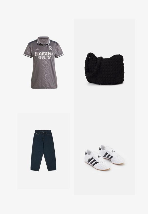 Graues Poloshirt mit einem subtilen strukturierten Muster, weißem "Emirates"-Logo und Adidas-Emblem; verfügt über einen klassischen Kragen und gestreifte Akzente.; Dunkelblaue, hochgeschnittene Jeans mit lockerer Passform, ausgestattet mit fünf Taschen und einem Knopfverschluss. Hergestellt aus Denim mit glatter Textur.; Weiße Sportschuhe mit schwarzen Streifen, die eine samtähnliche Textur, eine abgerundete Zehe und einen Klettverschluss aufweisen. Gummisohle für besseren Halt.; Schwarze Stofftasche mit einer strukturierten, gesteppten Oberfläche. Abgerundete Form, kurze, dicke Griffe und eine weiche, flexible Struktur.