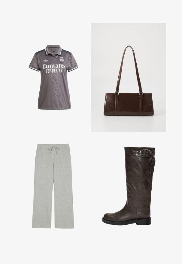 Grijze polo met een subtiel textuurpatroon, wit "Emirates" logo en Adidas-embleem; heeft een klassieke kraag en gestreepte accenten.; Lichtgrijze sweatpants gemaakt van zacht, textuurstof met een trekkoord in de taille en zijzakken; brede, ontspannen pasvorm.; Bruine leren laars tot de knie met een gestructureerde afwerking, voorzien van een gespsluiting en drukknoopaccenten aan de zijkant, en een vlakke rubberen zool.; Bruine lakleren handtas met een rechthoekige vorm, twee lange handvatten en subtiele gebogen accenten aan de voorkant.