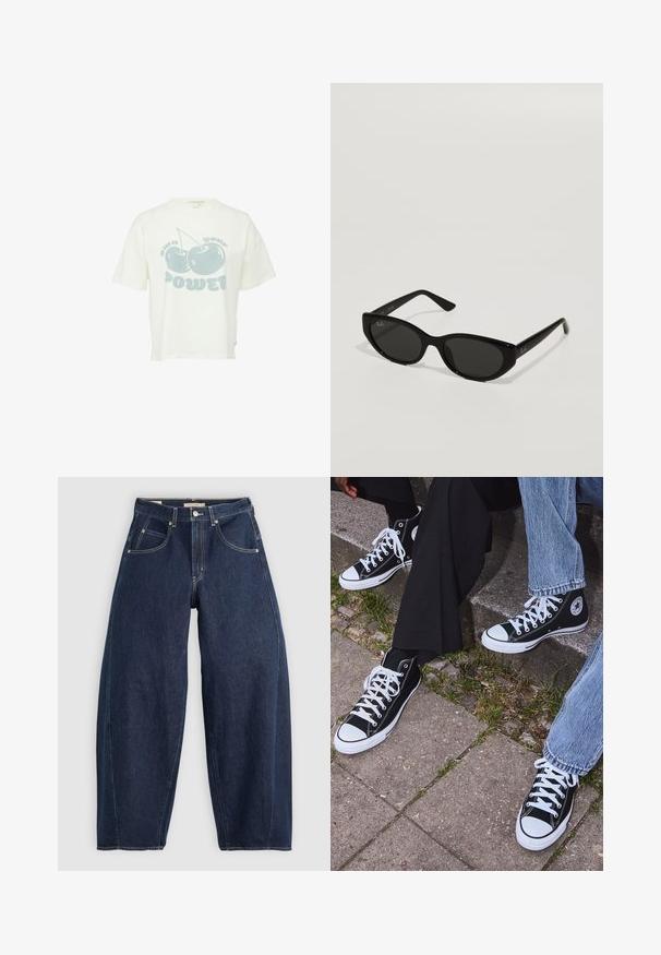 White cotton t-shirt with short sleeves, featuring a light blue graphic of two cherries and the phrase "own your power" below.; Dark blue denim jeans with a loose fit, light stitching, five pockets, and a button closure at the waistband.; Black high-top canvas sneakers with white rubber soles and laces, featuring a circular logo on the side and paired with denim and black pants.; Black sunglasses with a narrow, cat-eye shape. Made of smooth plastic, featuring dark lenses and subtle logo accents on the temples.
