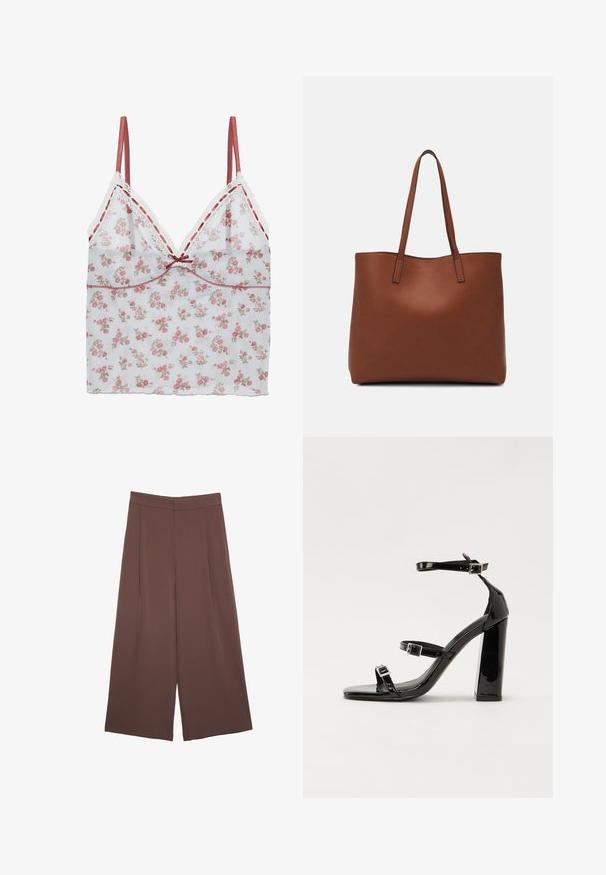 Florale Spaghettiträgertop aus transparentem weißen Stoff mit pinkem und beigem Blumenmuster, zarter Spitzenkante und verstellbaren Satinschultern.; Braune Weite-Leg-Hosen mit einer glatten Textur, hoher Taille und Vorderfalten. Der Stoff ist leicht und fällt locker.; Schwarze patentierte Sandalen mit Absatz, quadratischer Spitze, Knöchelriemen und silbernen Schnallen. Mit einem stabilen Blockabsatz für mehr Stabilität.; Braune Leder-Tote mit glatter Textur, offenem Oberteil und zwei Schulterriemen. Verfügt über minimale Nähte und keine sichtbaren Beschläge.