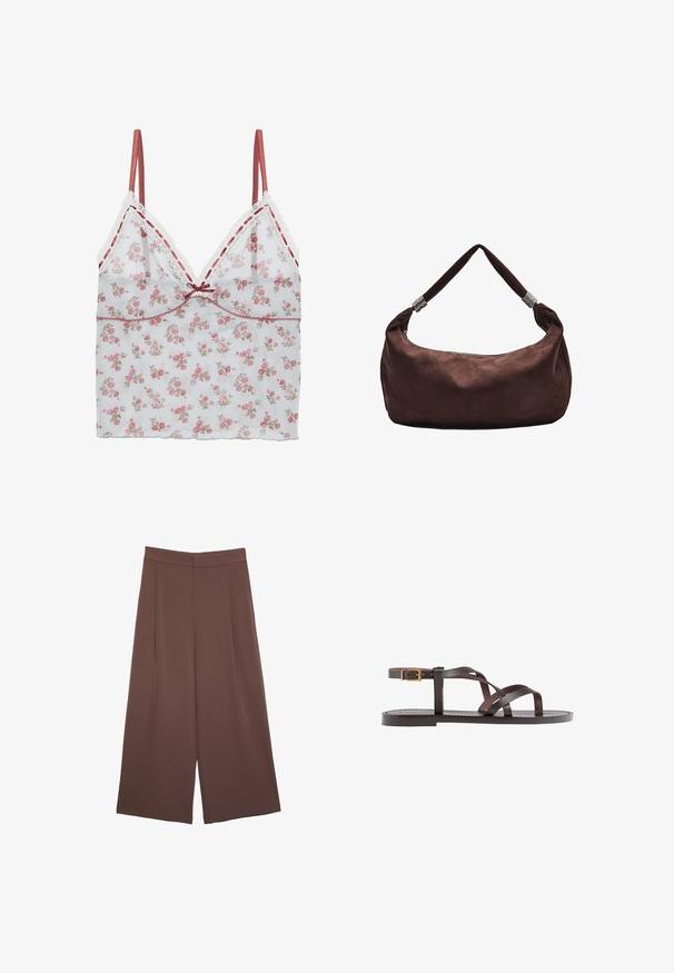 Floral camisole featuring a sheer white fabric with pink and beige floral print, delicate lace trim, and adjustable satin straps.; Brown wide-leg trousers with a smooth texture, featuring a high waist and front pleats. The fabric is lightweight and flows loosely.; Brown leather sandal featuring crisscross straps, an ankle buckle closure, and a flat sole with minimal stitching details.; Brown suede shoulder bag with a zip closure, featuring a twisted strap adorned with metal accents for secure carrying.