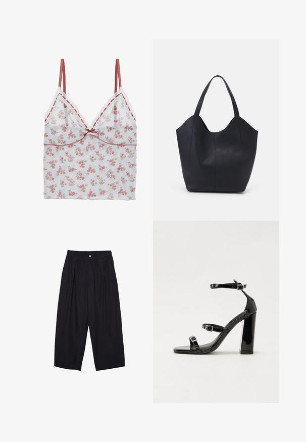 Camisola floreale con un tessuto bianco trasparente, stampa floreale rosa e beige, delicata finitura in pizzo e spalline in satin regolabili.; Pantaloni culotte neri in poliestere con una cintura elastica, due pieghe frontali e una silhouette ampia. Nessun motivo visibile o dettagli in metallo.; Sandali con tacco in vernice nera, con punta squadrata, cinturini alla caviglia e fibbie in argento. Presentano un tacco a blocco spesso per maggiore stabilità.; Borsa tote nera realizzata in pelle liscia, con una parte superiore curva e aperta, dotata di due manici per spalla e un design minimalista.