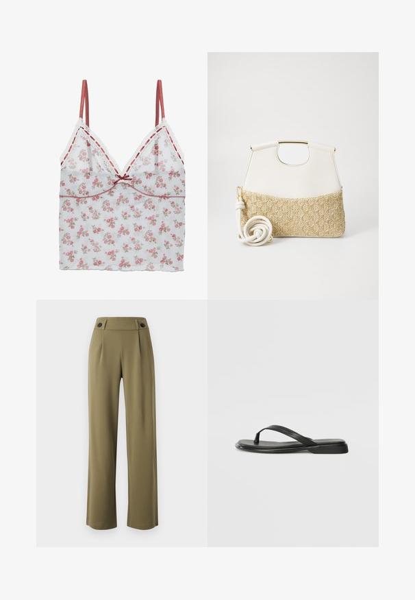 Floral camisole featuring a sheer white fabric with pink and beige floral print, delicate lace trim, and adjustable satin straps.; Olive green, wide-leg trousers with a high waist, featuring two black buttons on the waistband and front pleats. Smooth fabric texture.; Black flip-flop made of smooth leather, featuring a thin strap design and a flat sole with a minimal profile. No notable patterns or accents.; White leather handbag with a textured cream woven fabric bottom. Features a gold-tone handle and a coiled white strap for versatility.