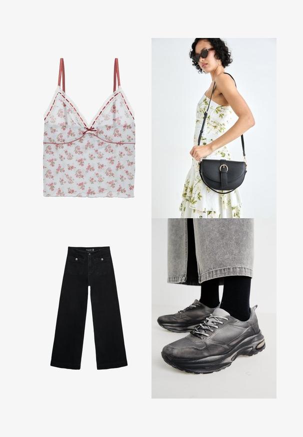 Květinová top s tenkými ramínky, vyrobený z průhledného bílého materiálu s růžovým a béžovým květinovým potiskem, jemnou krajkovou úpravou a nastavitelnými saténovými ramínky.; Černé široké džíny s vysokým pasem, obsahující dvě přední kapsy a kovové knoflíkové detaily. Látka má hladkou texturu.; Černé a šedé sportovní boty mají síťovaný svršek, silné podrážky a šněrování. Mají zaoblenou špičku a viditelné polstrování.; Černá kožená kabelka s křivkovým tvarem, odnímatelným popruhem a zlatými detaily. Kabelka má klopu s přezkou.