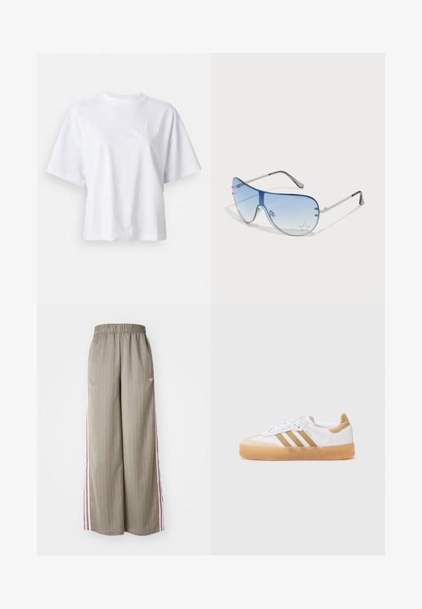 T-shirt branca de algodão com um corte descontraído, mangas curtas e um decote redondo canelado. Apresenta uma marcação subtil no peito.; Calças largas verde-azeitona claras com riscas verticais, cintura elástica e riscas laterais rosa. Apresenta um pequeno logótipo no quadril.; Sapatilhas brancas com detalhes bege, apresentando três riscas, bico arredondado e sola de borracha translúcida. Materiais de couro liso e têxtil.; Óculos de sol aviador com lentes azuis em degradê, armação metálica prateada e detalhes decorativos de estrelas nas lentes. Design suave e elegante.