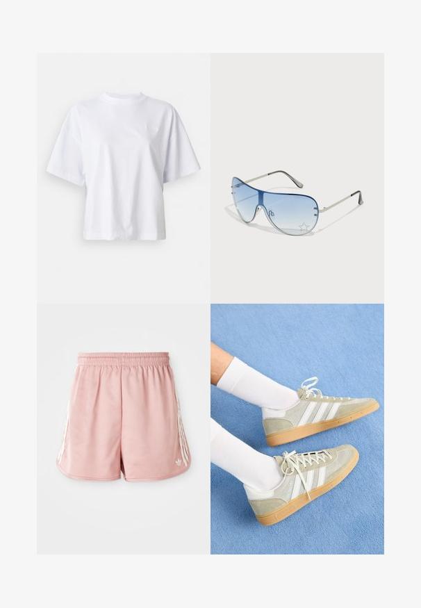 Hvid bomulds t-shirt med en afslappet pasform, korte ærmer og ribbet rund halsudskæring. Har subtil branding på brystet.; Lyserøde atletiske shorts med elastisk talje, hvid stribe detaljering på siden og et lille logo på den nederste venstre forside. Glat stofstruktur.; Lys grå ruskinds sneakers med hvide gummidetaljer, der har tre hvide striber og en gummisål, båret med hvide sokker på en blå baggrund.; Aviator-solbriller med gradient blå linser, sølvmetalramme og dekorative stjerneakcenter på linserne. Glat og strømlinet design.