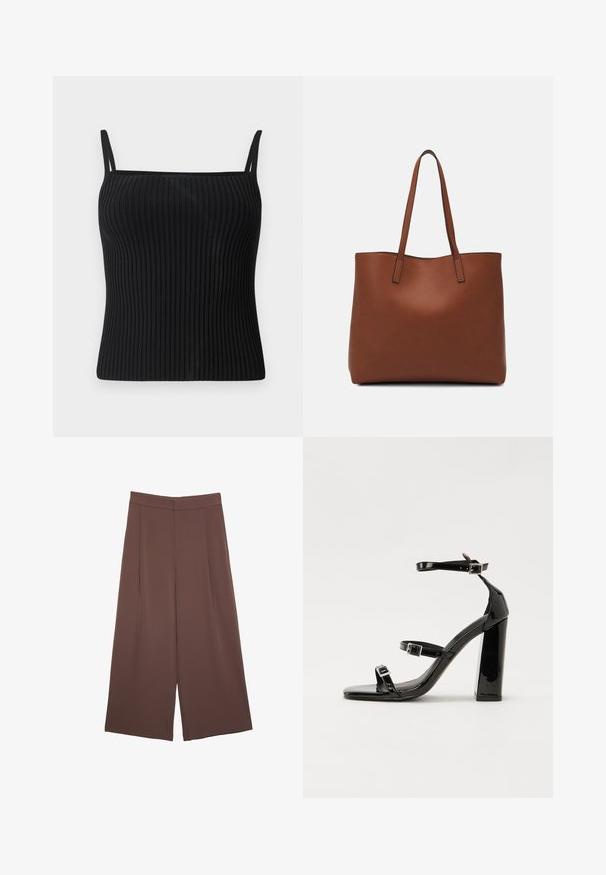 Black ribbed tank top with adjustable spaghetti straps, featuring a fitted silhouette and a smooth texture.; Brown wide-leg trousers with a smooth texture, featuring a high waist and front pleats. The fabric is lightweight and flows loosely.; Black patent heeled sandals with a square toe, ankle straps, and silver buckles. Features a chunky block heel for stability.; Brown leather tote bag with a smooth texture, open top design, and two shoulder straps. Features minimal stitching and no visible hardware.