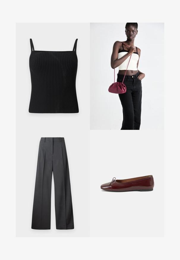 Débardeur noir à côtes avec bretelles spaghetti réglables, présentant une silhouette ajustée et une texture lisse.; Pantalons à jambes larges en tissu gris foncé, avec une taille haute, des plis simples et une texture lisse avec une finition soignée aux ourlets.; Ballerines en cuir verni bordeaux avec un bout rond, un petit nœud décoratif à l'avant et une semelle en caoutchouc noire basse. Texture lisse.; Sac à main en tissu doux bordeaux avec un design froncé et une longue sangle, porté en bandoulière. Le mannequin porte un top court blanc et un jean noir.