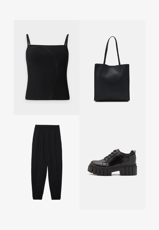 Fekete bordázott pántos felső, állítható spagetti pántokkal, testhez simuló szabással és sima textúrával.; Fekete, könnyű nadrág elasztikus derékkal és ráncolt bokákkal. Az anyag sima és laza, szűkített dizájnnal rendelkezik.; Fekete bőr platform cipők vaskos blokk sarkakkal, kerek orral és hagyományos fűzős kialakítással. Simára csiszolt felület és minimális részletezés jellemzi.; Fekete bőrtáska sima felszínnel, téglalap alakú, két hosszú füllel. Nincs látható fémkiegészítő vagy díszítés.