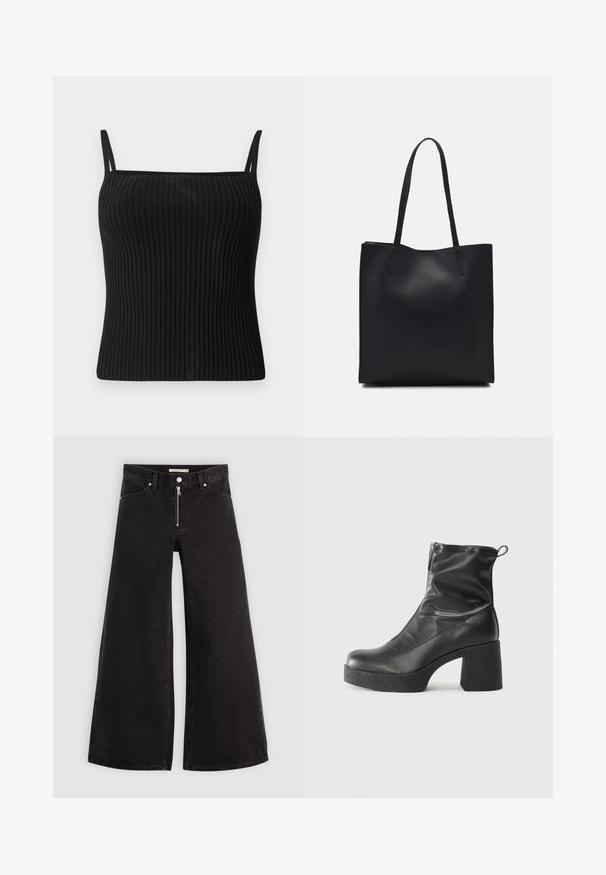 Schwarzes geripptes Tanktop mit verstellbaren Spaghetti-Trägern, das eine figurbetonte Silhouette und eine glatte Textur aufweist.; Schwarze Denim-Jeans mit weitem Bein, Reißverschluss vorne, Fünf-Taschen-Design und dezenten Stickdetails. Glatte Textur und lässiger Stil.; Schwarze Stiefeletten aus glattem Leder mit seitlichem Reißverschluss, klobigem strukturiertem Absatz und runder Zehenform.; Schwarze Laptoptasche aus Leder mit glatter Textur, rechteckiger Form und zwei langen Griffen. Keine sichtbaren Beschläge oder Verzierungen.