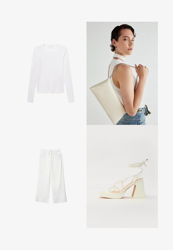 Weißes Langarm-T-Shirt aus leichtem Stoff, mit rundem Halsausschnitt und geradem Schnitt, ohne sichtbare Muster oder Akzente.; Weiße, weite Hosen aus weichem Stoff, mit einem Kordelzug in der Taille und zwei vorderen Taschen. Glatte Textur und keine sichtbaren Muster.; Weiße High-Heel-Sandale mit einem klobigen Absatz, die über ein Riemchendesign und ein Knöchelband verfügt. Glatte Textur mit einer Plattform vorne für zusätzliche Höhe.; Weiße rechteckige Clutch aus glänzendem Material mit einem silbernen Kettenriemen. Das Model posiert und präsentiert die Tasche vor einem schlichten Hintergrund.