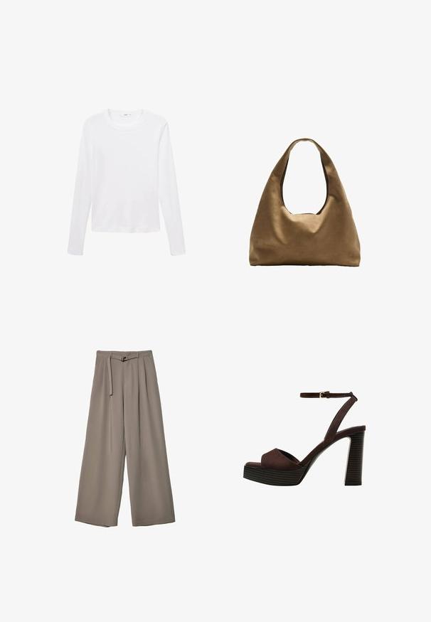 Biela dlhá rukávová tričko vyrobené z ľahkého materiálu, má okrúhly výstrih a rovný strih, bez viditeľných vzorov alebo akcentov.; Široké nohavice v jemnej, tlmenej šedej tkanine, s opaskom v pase a vreckami pre dodatočný dizajnový detail. Hladký povrch, bez vzorov.; Hnedé semišové sandále na vysokom podpätku s otvorenou špičkou, nastaviteľným členkovým remienkom a pruhovanou platformovou podrážkou.; Hnedá látková taška cez rameno s širokým, zaobleným telom a veľkým vyrezaným uchom. Mäkčená textúra, minimalistický dizajn a bez viditeľného kovania.