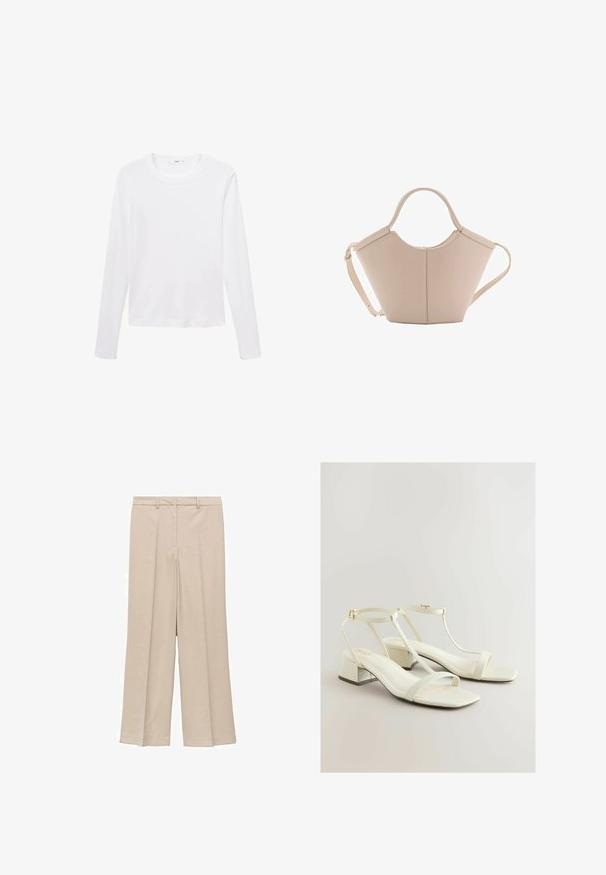 Tricou alb cu mânecă lungă dintr-un material ușor, cu guler rotund și croială dreaptă, fără modele sau accente vizibile.; Pantaloni largi bej deschis, cu o textură fină, având un front plisat și buzunare laterale, precum și un design cu talie adaptată.; Sandale cu toc pătrat din piele albă, cu un design T-strap, vârf pătrat și detalii texturate pe toc, cu un finisaj neted. Accente din hardware auriu.; Geantă de mână bej din piele cu o formă unică, dotată cu două mânere scurte și o curea lungă ajustabilă. Textură netedă, cu hardware minim.