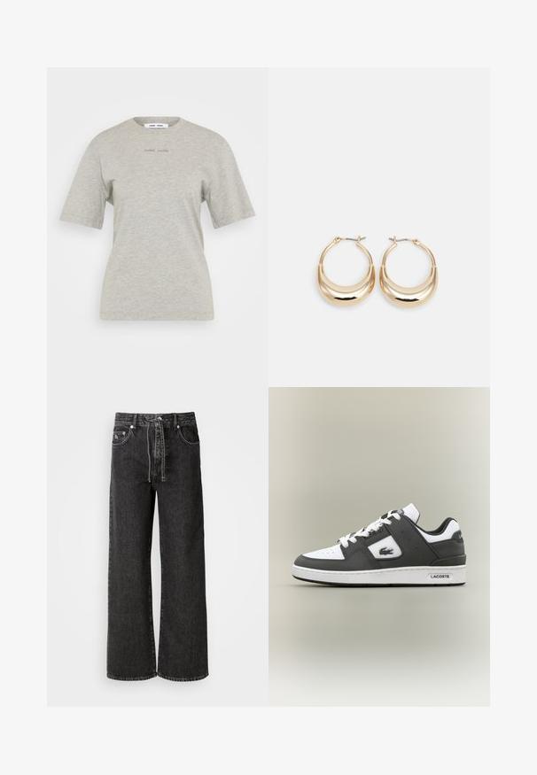 Light grey cotton t-shirt with short sleeves and a rounded neckline. Features embossed brand text on the front. Smooth texture.; Black wide-leg jeans made from denim. Features a high waist, belt loops, front pockets, and silver hardware detailing.; Black and white Lacoste sneaker with white laces, perforated toe, crocodile logo on side, and branded sole on a neutral background.; Gold-toned hoop earrings with a crescent shape, polished surface, and hinge closure. Smooth texture and reflective finish enhance visibility.