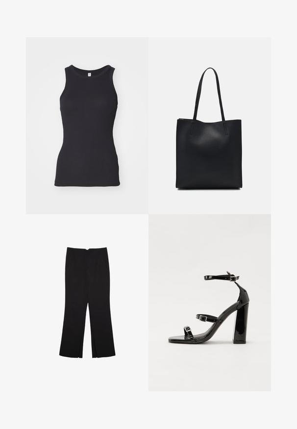 Crna bezrukavna majica s okruglim izrezom. Izrađena od mekanog pamučnog materijala, ima prilagođeni kroj i glatku teksturu.; Crne hlače ravnog kroja, s prednjim džepovima i bočnim prorezima na rubu. Izrađene od mekog i glatkog materijala. Pogodne za razne prigode.; Crne lakirane sandale na pete sa kvadratnim nosom, trakama oko gležnja i srebrnim kopčama. Imaju čvrst blok petu za stabilnost.; Crna kožna torba za nošenje s glatkom teksturom, pravokutnim oblikom i dvije duge ručke. Nema vidljivih metalnih dijelova ili ukrasa.