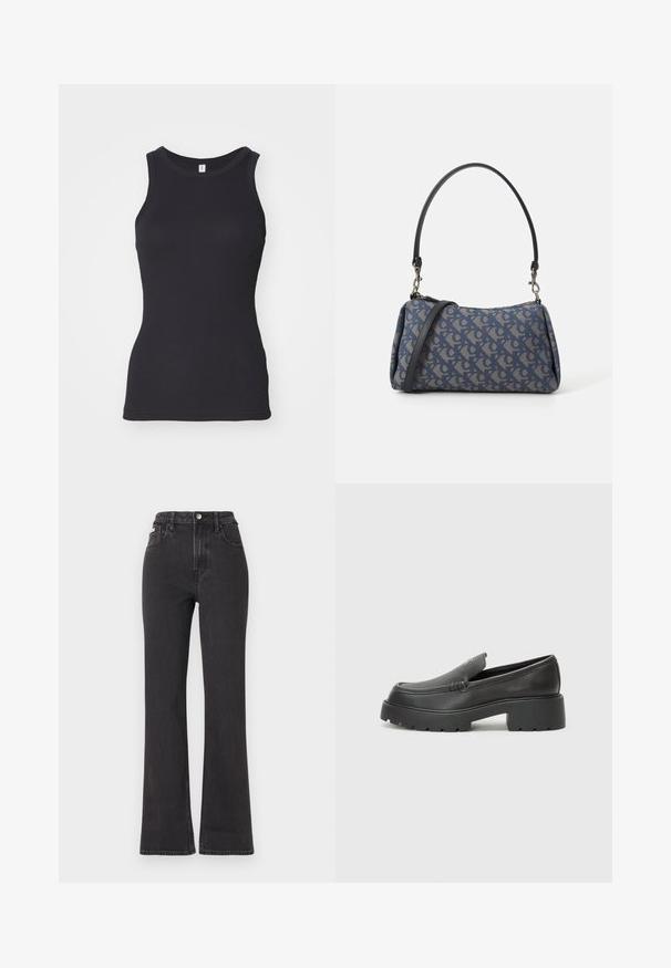 Black sleeveless tank top with a round neckline. Made of soft cotton fabric, it features a fitted silhouette and smooth texture.; Black high-waisted flared jeans made of denim, featuring a button closure, belt loops, and side pockets. Smooth texture with minimal fading.; Black leather loafers with a rounded toe, thick textured sole, and minimal stitching details. Sleek design with no visible laces or hardware.; Blue patterned handbag made of fabric, featuring a curved shape, black leather strap, and logo design in a lighter shade.