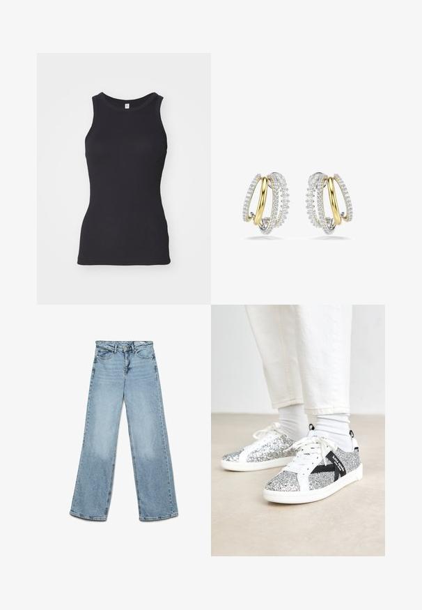 Svart ärmlös linne med rund halsringning. Tillverkat av mjukt bomullstyg, det har en kroppsnära silhuett och slät yta.; Ljust blå vida jeans i denim, med en klassisk femfickdesign och rak passform med minimala urtvättningar på benen.; Glittriga silver sneakers med en vit och svart design. Har vita snören och detaljer samt en texturerad, glittrig ovansida.; Guld- och silverfärgade hoops örhängen med flätade mönster, prydda med klara ädelstenar längs de yttre kanterna, vilket visar på intrikata detaljer.