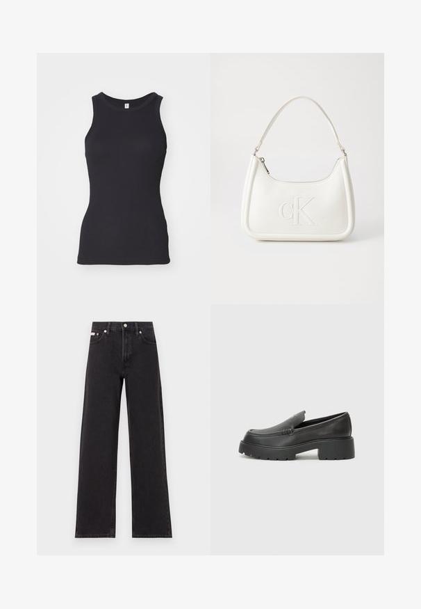 Camiseta sem mangas preta com gola redonda. Feita de tecido de algodão macio, apresenta uma silhueta ajustada e uma textura suave.; Jeans de perna larga pretos feitos de denim, apresentando uma cintura alta, estilo de cinco bolsos e um fecho em botão de metal com costura contrastante.; Mocassins de couro preto com bico arredondado, sola espessa e texturizada, e detalhes de costura minimalistas. Design elegante sem atacadores ou ferragens visíveis.; Mala de mão branca em pele com uma forma curva, apresentando um logo "CK" em relevo na frente e uma alça de ombro única. Fecho com zíper na parte superior.