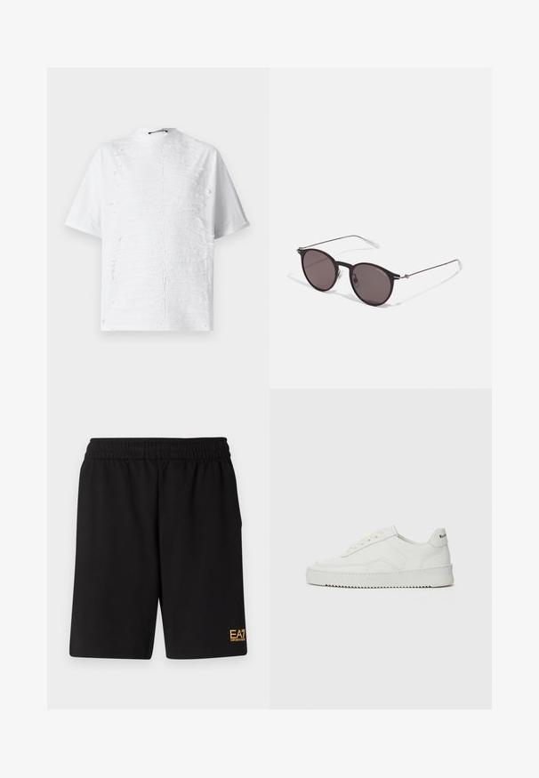 Biela bavlnená tričko so štruktúrovaným dizajnom pripomínajúcim horizontálne čiary na prednej strane, s vysokým výstrihom a krátkymi rukávmi.; Čierne športové šortky vyrobené z jemného materiálu, s elastickým pásom a malým žltým logom EA7 na dolnej ľavej nohe.; Biele kožené tenisky s hladkým povrchom, okrúly špičkový dizajn, ploché šnúrky a textúrovaná podrážka. Obsahujú jemné logo na päte.; Čierne okrúhle slnečné okuliare s tmavými sklami a tenkými kovovými ramenami. Obsahujú priehľadné konce rámov a strieborné akcenty na pántoch. Minimalistický dizajn.