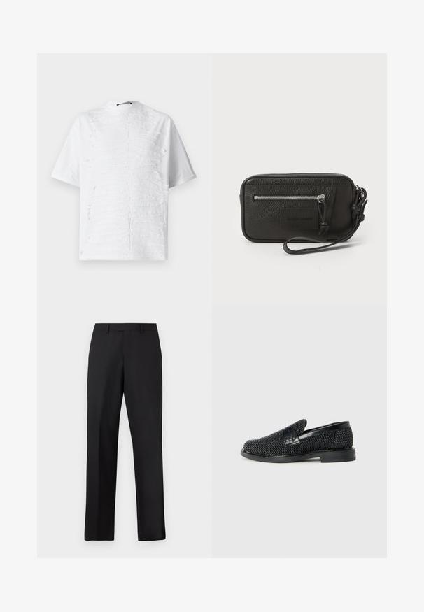 White cotton t-shirt featuring a textured design resembling horizontal lines down the front, with a high neckline and short sleeves.; Black, straight-leg trousers made of smooth fabric. Features a standard waistband and no visible patterns or accents.; Black woven slip-on shoe with a smooth leather accent on the upper, a round toe design, and a low-profile rubber sole.; Black leather clutch with textured surface, front zip pocket, and detachable wrist strap. Features a logo patch on the front. Rectangular shape.
