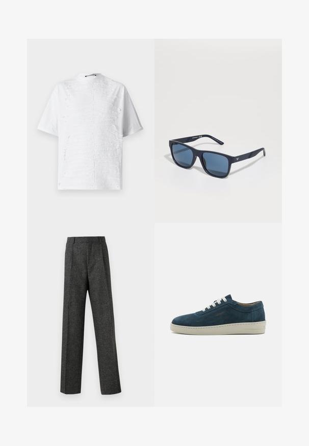 Fehér pamut póló, amelynek elülső részén vízszintes vonalakat idéző texturált mintázat található, magas nyakkivágással és rövid ujjal.; Szürke, texturált anyagból készült, szabott nadrág, két elülső pliszével és egyenes lábbal. Nincsenek látható zsebek vagy díszítések.; Kék velúr sneaker lekerekített orral, fehér fűzővel és gumitalppal. Diszkrét varrásokkal és oldalsó márkázott akcentussal rendelkezik.; Kék téglalap alakú napszemüveg sötét lencsékkel, matt sötétkék kerettel, logóval a szárán, egyenes karokkal és sima, egységes textúrával.