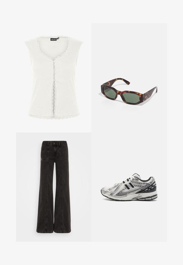 Bela rebrasta brezrokavnik s kragnatim čipkastim robom ob dekolteju in robu, z gumbi spredaj. Mehek bombažen material.; Črne široke jeans hlače iz denima, z visokim pasom, sprednjimi žepi in toniranim šivom vzdolž šivov.; Moški tekaški čevlji v beli mrežasti tkanini z črnimi poudarki, z oblazinjeno podplatom, zavezovanjem in strukturirano površino za oprijem.; Sonce zaščitna očala iz želvje lupine z pravok FNZ zelenimi lečami, širokim okvirjem in debelimi stebrički. Ponašajo se z elegantnim dizajnom in gladko plastično teksturo.; Črn nahrbtnik z gladko najlonsko zunanjostjo, dolgimi usnjenimi trakom, snemljivim naramnim trakom in zlatim logotipom.