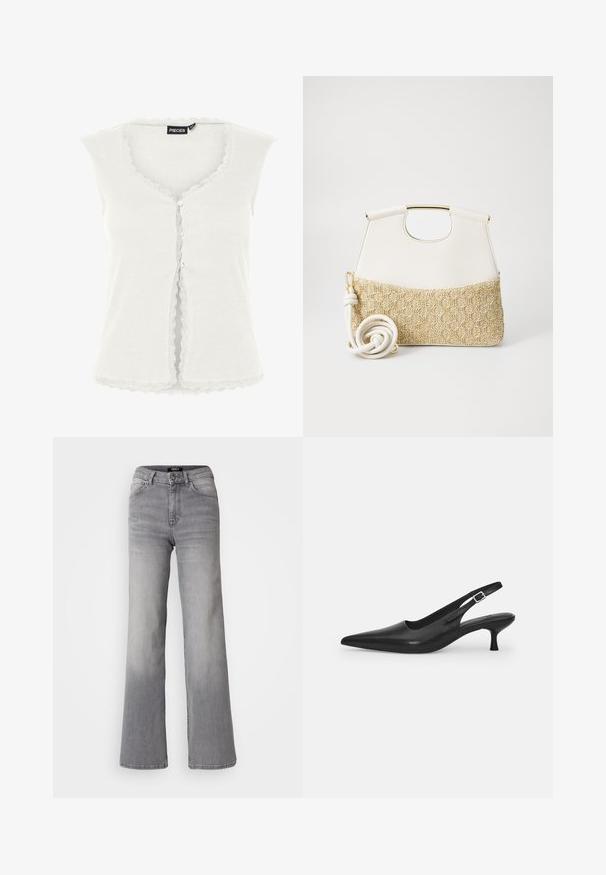 Top alb cu dungi, fără mâneci, cu un tiv dantelat în valuri la decolteu și la margine, având un închidere cu nasturi pe față. Material moale din bumbac.; Jeans din denim gri, cu talie înaltă și croială dreaptă, cu fermoar și nasture frontal, buzunare frontale și spate, și nuanțe estompate pe coapse și gambe.; Sandal din piele neagră, cu vârf ascuțit și toc subțire, curbat. Are o curea ajustabilă discretă, cu o cataramă din metal.; Geantă de mână din piele albă, cu un fund din țesătură crem cu textură împletită. Dispune de un mâner de culoare aurie și o curea albă spiralată pentru versatilitate.