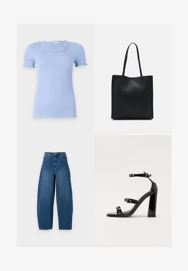 Lys blå, ribbet t-skjorte med korte ermer, lett bølget halslinning og bølgende kanter på ermene og kanten. Myk, elastisk materiale.; Denimjeans i en middels blå vask, med høy midje, vide ben og standard fem-roms design med synlige sømdetaljer.; Svart høyglans sandaler med hæl, firkantet tå, ankelremmer og sølvspenner. Har en kraftig blokkhæl for stabilitet.; Svart lær tote bag med glatt tekstur, rektangulær form og to lange håndtak. Ingen synlige deler eller dekorasjoner.