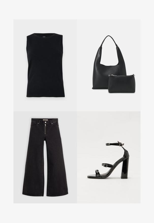 Μαύρη αμάνικη μπλούζα από βαμβάκι. Διαθέτει στρογγυλή λαιμόκοψη και εφαρμοστή γραμμή. Λείος υφánστος χωρίς ορατά σχέδια ή λεπτομέρειες.; Πλάι-πλάι τζιν σε μαύρη denim με φερμουάρ μπροστά, σχέδιο με πέντε τσέπες και διακριτές ραφές. Λείος υφασμάτινος χαρακτήρας και χαλαρός στυλ.; Μαύρες πατέντες σανδάλια με τακούνι, τετράγωνη μύτη, ιμάντες αστραγάλου και ασημένιες πόρπες. Διαθέτουν χοντρό μπλοκ τακούνι για σταθερότητα.; Even&Odd Τσάντα χειρός - black