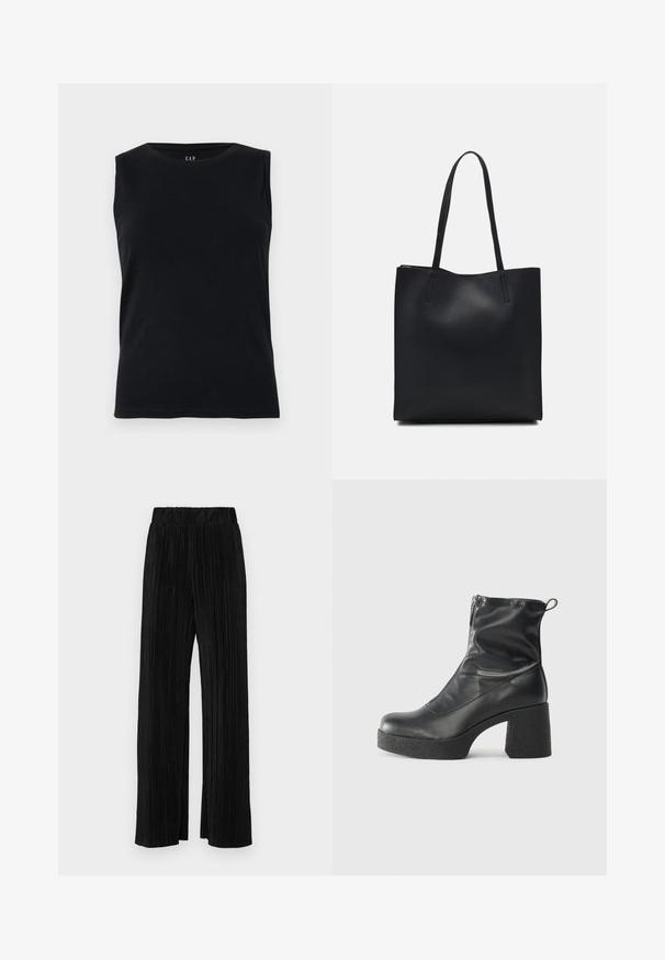 Juodas be rankovių trikotažas, pagamintas iš medvilnės. Sukurtas su apvaliu iškirpimu ir prigludusia forma. Švelni tekstūra, be matomų raštų ar akcentų.; Juodi plisuoti kelnės su elastine juosta. Turėkite plačias kojas ir glotnų, tekstūrinį audinį su vertikaliais dryžiais.; Juodos kulkšninių botai, pagaminti iš lygaus odos, su šoniniu užtrauktuku, masyviu tekstūruotu kulnu ir apvaliu pirštu.; Juodas odinis tote krepšys su lygia tekstūra, stačiakampio formos ir dviem ilgais rankenomis. Matomų metalinių detalių ar puošybos nėra.