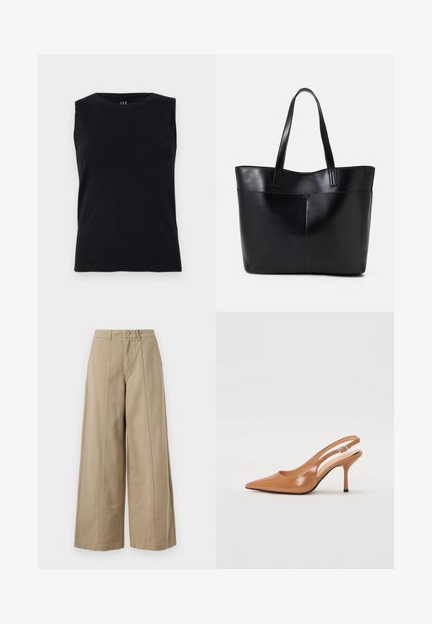 Top sans manches noir en coton. Présente un col rond et une coupe ajustée. Texture lisse sans motifs ou accents visibles.; Pantalons larges beiges en coton robuste, avec une fermeture à bouton, des passants de ceinture et des plis avant nets sans poches visibles.; Escarpin à talon slingback à bout pointu en matériau beige lisse et brillant. Présente un design de découpes courbées et un talon aiguille fin. Détail de boucle en argent.; Sac fourre-tout en cuir noir avec deux longues poignées, une texture lisse et une forme structurée. Dispose d'une poche avant pour un rangement supplémentaire.