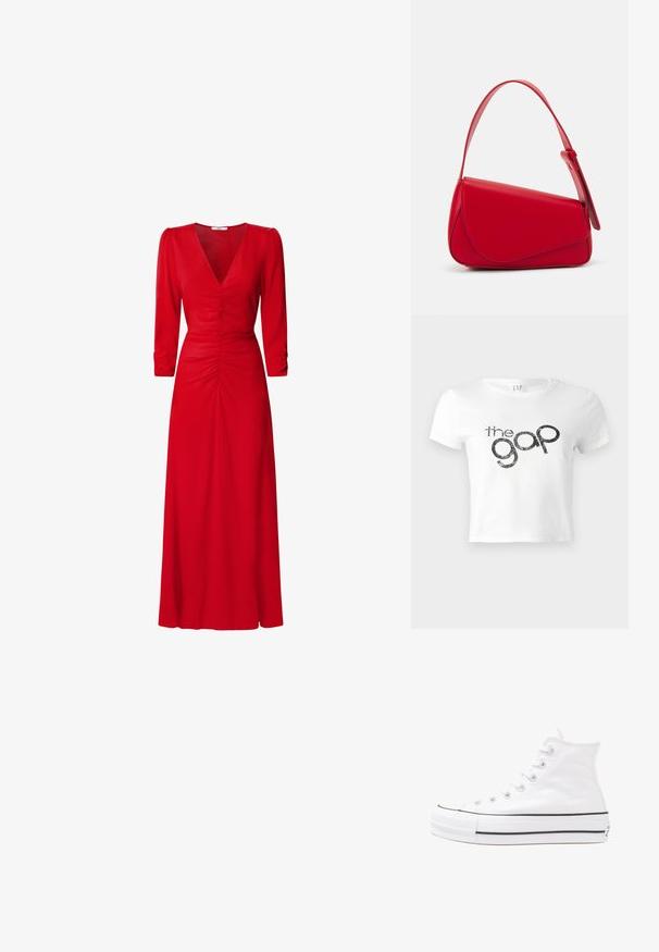 Balta īsā T-kreklā, kas izgatavota no kokvilnas, priekšpusē ir melna spīdīga grafiskā logo "the gap". Īsas piedurknes un apaļa kakla izgriezuma formas.; Sarkana kleita ar V veida kakla izgriezumu, trīs ceturtdaļu piedurknēm un ruched detaļām viduklī un mugurā. Audums izskatās gluds un viegls.; Balti augstie kanvas sporta apavi ar melnu gumijas zoli, priekšējo gumijas purngalu un sešām acīm lencēm, kuriem ir tīrs, minimālistisks dizains.; Sarkans ādas rokassomi ar stūrainu, ģeometrisku dizainu. Iekļauj vienu regulējamu siksnu un vāku ar izšūtu detaļu.