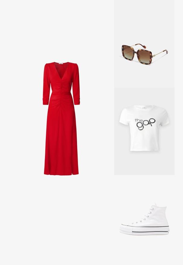 Biela skrátená tričko vyrobené z bavlny s čiernym glitrovým grafickým logom "the gap" na prednej strane. Krátke rukávy a okrúhly výstrih.; Červené šaty s výstrihom do V, trojštvrťovými rukávmi a nariasením v oblasti pása a na chrbte. Materiál vyzerá hladko a ľahko.; Biele vysoké plátené tenisky s čiernou gumovou podošvou, prednou gumovou špičkou a šiestimi okami na šnúrky, s čistým, minimalistickým dizajnom.; Hnedé korytnačkové slnečné okuliare so štvorcovým tvarom, gradientovými šošovkami a zlatými kovovými akcentmi na bočniciach a ramenách. Textúrovaný povrch.; Červená kožená kabelka s ostrým, geometrickým dizajnom. Má jeden nastaviteľný popruh a uzatváranie na klopu so šitím.