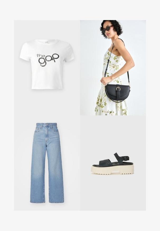 Weißes, kurz geschnittenes T-Shirt aus Baumwolle mit einem schwarzen Glitzer-Logo "the gap" auf der Vorderseite. Kurze Ärmel und runder Ausschnitt.; Hellblaue High-Waist-Weite-Leg-Jeans mit Knopf- und Reißverschluss vorne, Vorder- und Rückentaschen, auf weißem Hintergrund.; Schwarze Wildleder-Plateausandalen mit einer klobigen weißen Sohle, breitem Vorderriemen und verstellbarem Knöchelriemen. Strukturierte Laufsohle für besseren Halt.; Schwarze Lederhandtasche mit geschwungener Form, abnehmbarem Tragegurt und goldenen Beschlägen. Die Tasche verfügt über einen Deckel mit einer Schnallen-Details.