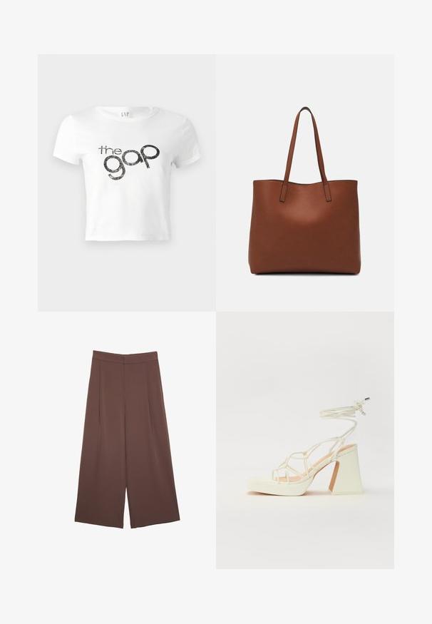 Bela skrajšana majica iz bombaža z black glitter grafičnim logotipom "the gap" spredaj. Kratke rokave in okroglo ovratnico.; Rjave široke hlače z gladko teksturo, ki imajo visok pas in sprednje naborke. Tkanina je lahka in prosto pada.; Bela sandala na visokih petah s debelim petam, ki ima obliko trakcev in vezanje okoli gležnja. Gladka tekstura z platformo spredaj za dodatno višino.; Rjava usnjena torba z gladko teksturo, odprto zasnovo zgoraj in dvema naramnima trakovoma. Opremljena je z minimalnim šivanjem in brez vidnih kovinskih delov.