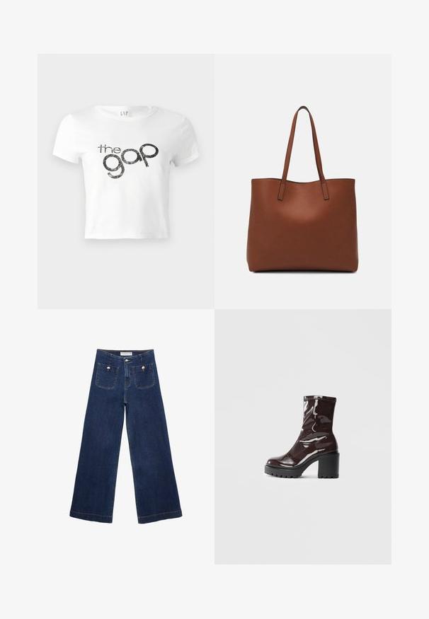 Bijela kratka majica od pamuka s crnim sjajnim grafičkim logotipom "the gap" sprijeda. Kratki rukavi i okrugli izrez.; Tamno plave široke traperice izrađene od denima, s dva prednja džepa ukrašena dugmadima i ravnim rubom.; Sjajna burgundska čizma do gležnja s debelim crnim potplatom, koja se odlikuje glatkom teksturom i jednostavnim dizajnom. Nema vidljivih kopčanja ili uzoraka.; Smeđa kožna torba preko ramena s glatkom teksturom, otvorenim vrhom i dvjema naramenicama. Ima minimalne šavove i nema vidljivog hardvera.