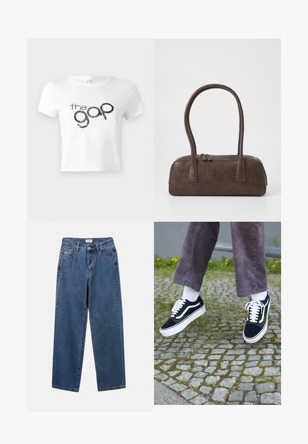 Valkoinen lyhythihainen t-paita, joka on valmistettu puuvillasta ja jossa on musta kimalteleva graafinen logo "the gap" edessä. Lyhyet hihat ja pyöreä kaula-aukko.; Classiset siniset farkut suoran lahkeen muotoilulla, viidellä taskulla ja napillakaan. Ominaisuudet: keskivahva pesu ja kestävä rakenne.; Mustat mokkanahkakengät valkoisilla yksityiskohdilla, joissa on pyöristetty kärki, paksu valkoinen pohja ja klassinen nauhakiinnitys, käytettyinä valkoisten sukkien ja violetin housuparin kanssa.; Ruskea nahkalaukku, jossa on kaksi tukevasti kantavaa kahvaa, suorakaiteen muotoinen, sileä pinta ja vetoketjukiinnitys. Minimalistinen muotoilu ilman näkyviä kuvioita.
