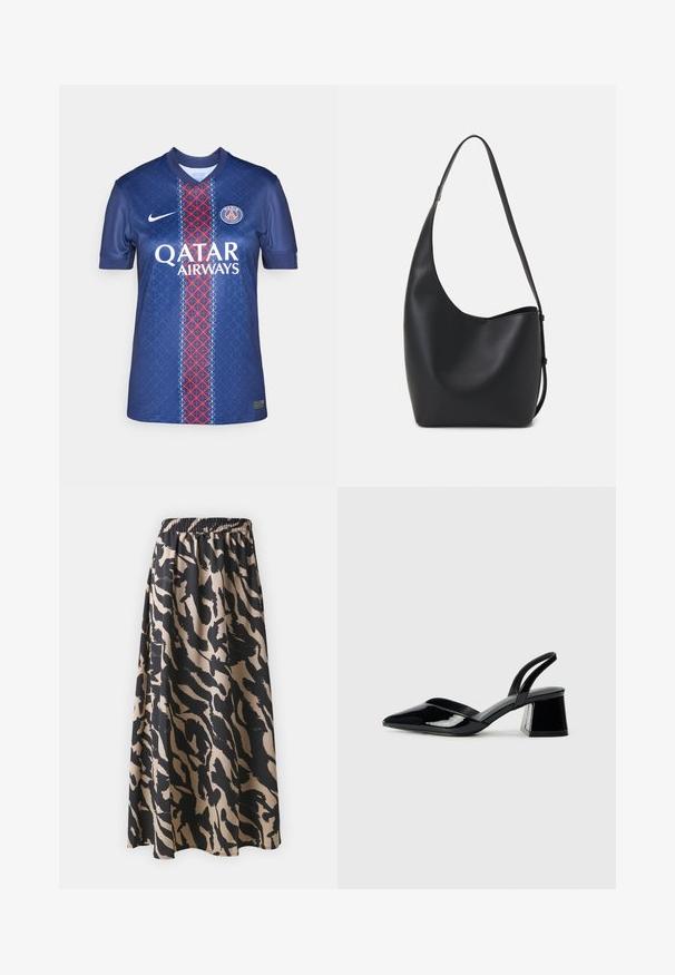 Camisa de futebol azul-marinho feita de tecido suave, apresentando um padrão geométrico, faixa vertical vermelha e branca, e o logótipo "QATAR AIRWAYS".; Saia longa preta e bege com cintura elástica, apresentando um padrão de estampa animal abstrata e uma silhueta fluida.; Sandy em verniz preto com salto slingback, ponta afilada e salto geométrico. Apresenta um design elegante e minimalista com textura suave.; Saco hobo preto em pele com uma textura lisa, forma curva e uma única alça ajustável; apresenta uma abertura larga na parte de cima.