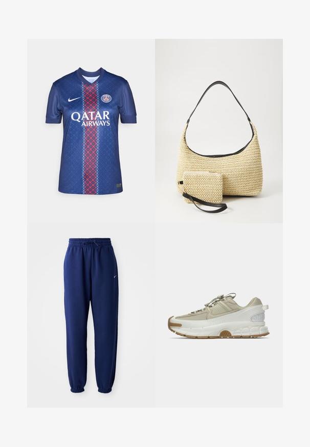 Tmavě modrý fotbalový dres vyrobený z hladké látky, s geometrickým vzorem, červeným a bílým vertikálním pruhem a logem "QATAR AIRWAYS".; Tmavě modré tepláky vyrobené z měkké látky, se elastickým pasem se šňůrkou, elastickými manžetami a malým bílým logem.; Beige a bílé sportovní tenisky s gumovou podrážkou, elastickými tkaničkami, polstrovanou podrážkou a texturovanou patní částí zobrazené ve bočním profilu na bílém pozadí.; Tkaná slaměná taška s zakřiveným siluetou, která má hladký černý kožený popruh a odpovídající malou taštičku připevněnou zápěstním páskem.