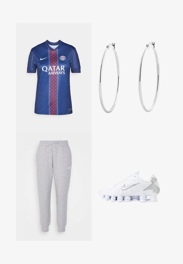 Granatowa koszulka piłkarska z gładkiego materiału, z geometrycznym wzorem, pionową czerwono-białą paskiem oraz logo "QATAR AIRWAYS".; Jasnoszare dresy z regulowanym pasem, zwężanymi nogawkami i małym białym logo na lewej udzie. Wykonane z miękkiego, teksturowanego materiału.; Białe buty sportowe z siateczkową cholewką, srebrnymi akcentami i unikalnym designem podeszwy w postaci cewki. Posiadają wyściełany kołnierz oraz zapięcie na sznurowadła dla lepszego dopasowania.; Srebrne kolczyki w formie obręczy z gładką, polerowaną powierzchnią i cienkim, okrągłym kształtem. Wzór posiada pewne zapięcie.